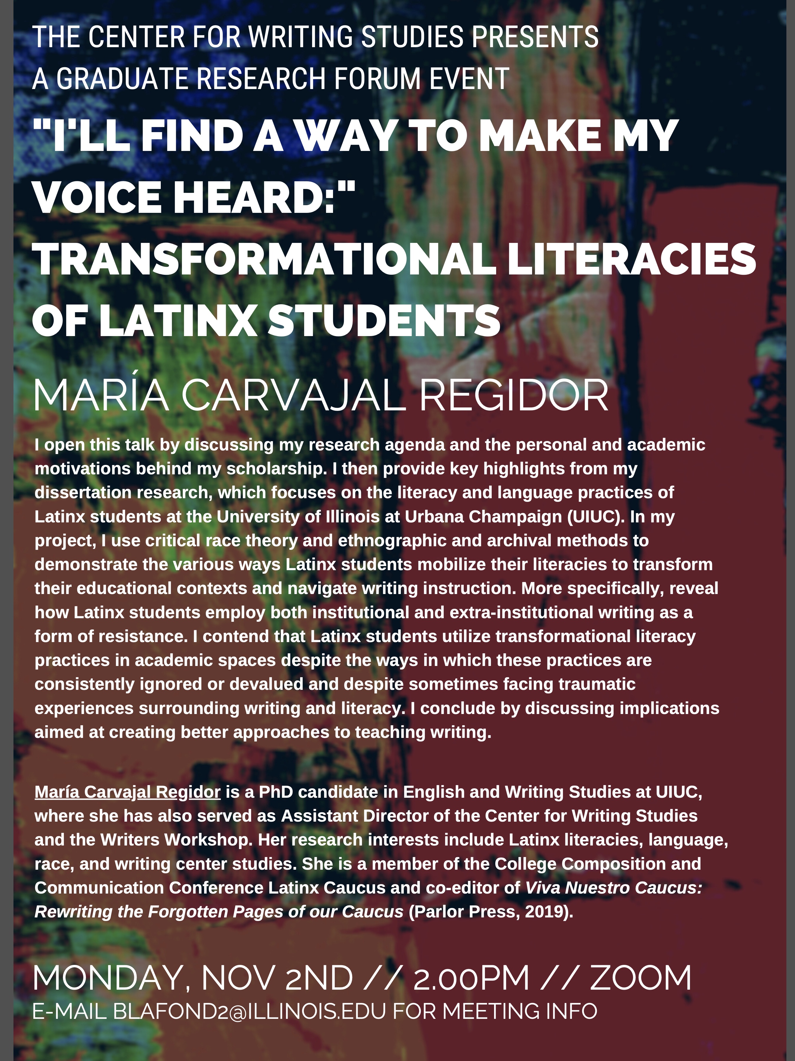 A flyer for María Carvajal Regidor's presentation