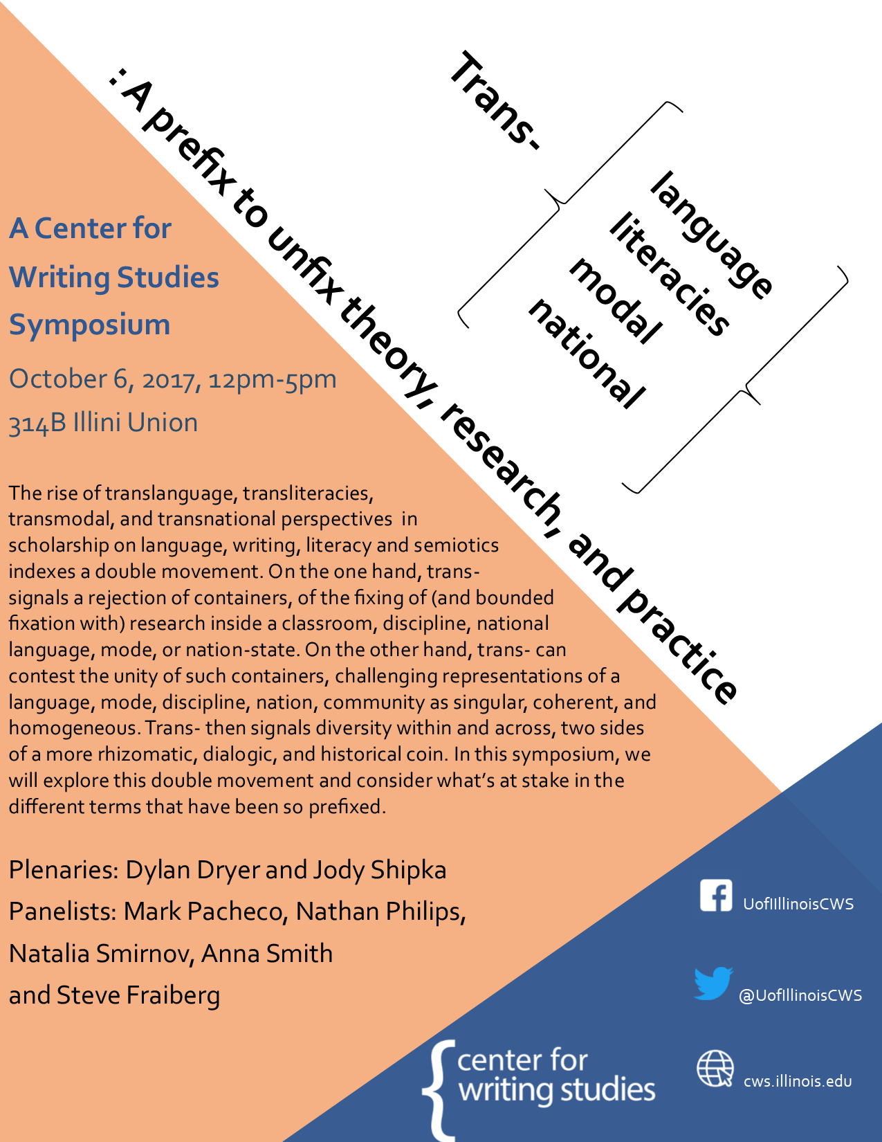 Event flyer with orange and blue and white angular background with the text Trans-[language, literacies, modal, national]: A prefix to unfix theory, research, and practice. Descriptive text of the symposium and event information (speakers, time, date, location) appear below.