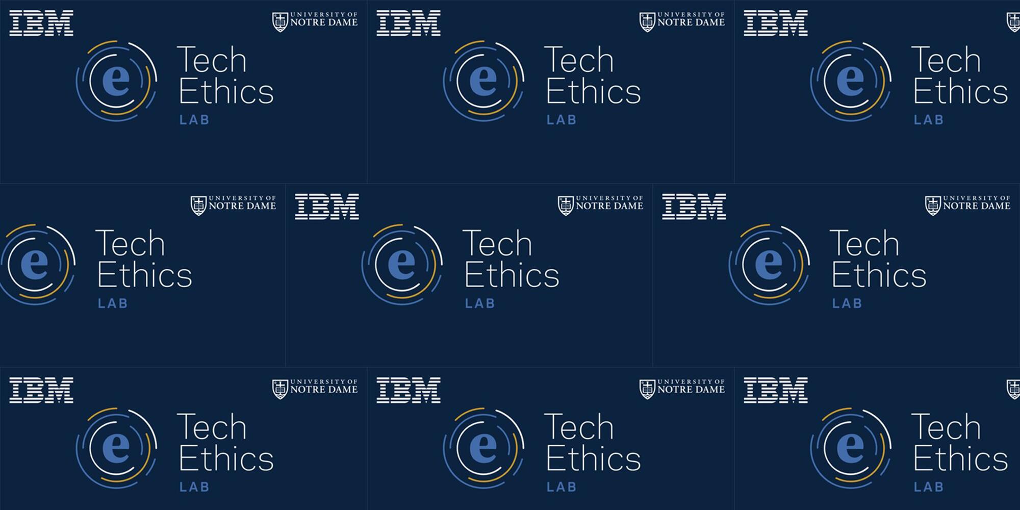 Tech Ethics Lab name and logo, a lower-case e surrounded by colorful circles, centered below the logos of IBM and the University of Notre Dame.