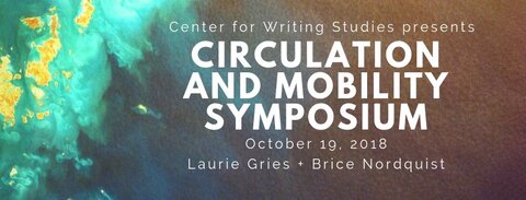 Event flyer header with white text that reads Center for Writing Studies presents Circulation and Mobility Symposium, October 19, 2018, Laurie Gries and Brice Nordquist. An abstract, meteorological design in green and yellow appears to the left in the background of the flyer along with warm hues to the right.
