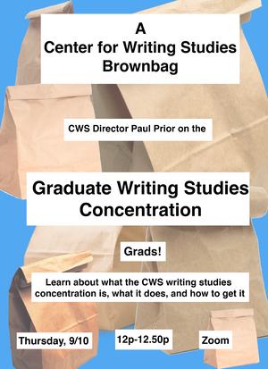 Flyer for a Center for Writing Studies flyer announcing a brownbag event. Contains information about the brownbag (explains that participants will explain what the concentration is and how to get it). Has the time and date (9/10 and 12-1250p). Background is light blue with lots of cut out brownbag images in varying sizes in background.